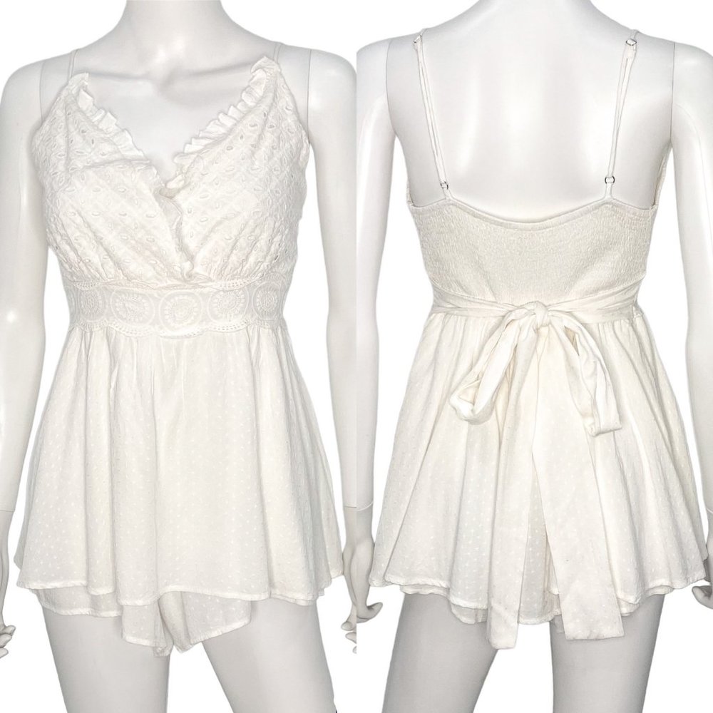 Allie Rose Boho Eyelet & Lace Tie Back Smocked Romper in Coastal White Size S